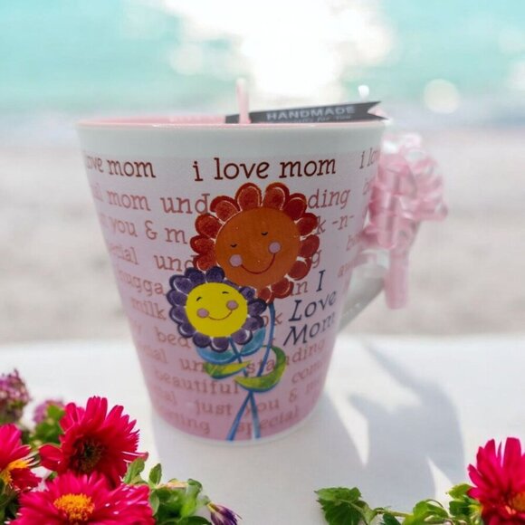 I Love Mom ✦ Ceramic Mug Candle ✦ Pink Rose Wax w/ Affirmation Wrap Handmade NWT - Picture 4 of 9